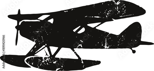 Vintage seaplane silhouette with pontoons for water landing and propeller aircraft design