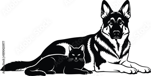 German shepherd dog and cat together silhouette illustration, loyal friendship concept, black and white pet companionship artwork isolated on white background