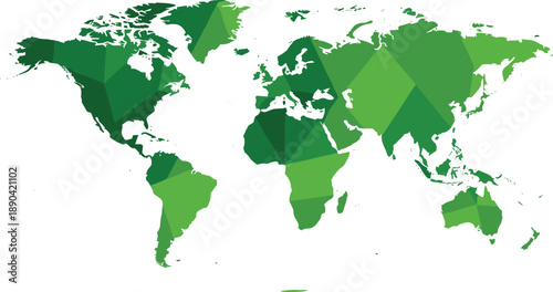 Green world map illustration with polygonal continents, global sustainability and environmental concept design, modern eco friendly geography artwork isolated on white background