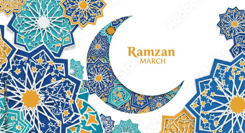 Ramzan mubarak greeting card with crescent moon and floral patterns in blue gold and white