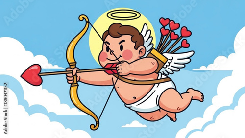 Cute cupid with bow and arrow shooting heart symbol flying in sky with clouds vector illustration for Valentines Day concept