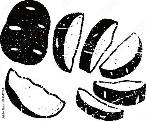 Potato whole and sliced pieces vintage engraved illustration of tuber vegetable with texture