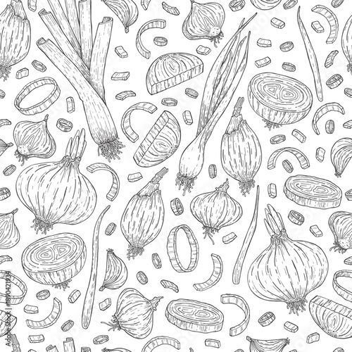 Seamless pattern of onions and leeks. Sketch style. Doodle. Fresh, organic vegetables. Healthy food. Herbs, fragrant spices. Vector illustration.