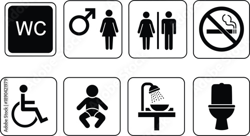 Public restroom icon set featuring male female handicap baby changing station shower no smoking and water closet signs.