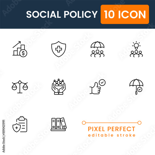 social policy and welfare icon set, public support and community protection symbols, modern flat vector policy icons