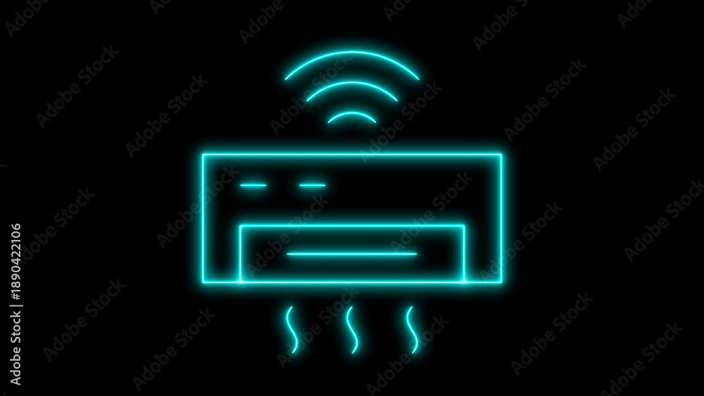 Fototapeta premium Modern neon air conditioner icon with wireless signal and refreshing airflow lines, representing smart home climate control technology, isolated on black background.