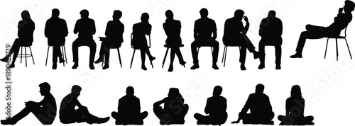Silhouettes of people sitting on chairs and floor in various poses, relaxed social gathering, waiting and everyday lifestyle concept isolated
