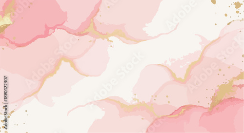 Elegant Abstract Background with Soft Pink and Cream Alcohol Ink Texture and Luxurious Golden Metallic Splatters