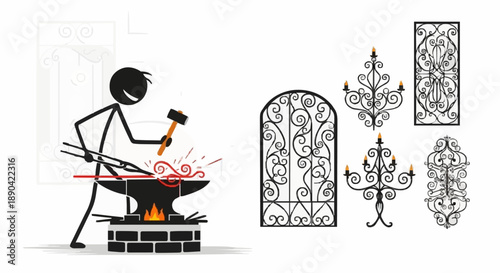 Blacksmith forging metal on anvil with decorative ironwork examples.