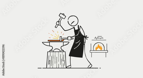 Blacksmith working at anvil with hammer and forge.