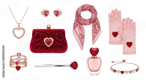 Set of heart-themed pink and red fashion accessories including necklace, earrings, purse, scarf, gloves, rings, hairpin, perfume, and bracelet, perfect for romantic occasions