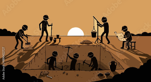 Archaeologists excavating a historical site at sunset.