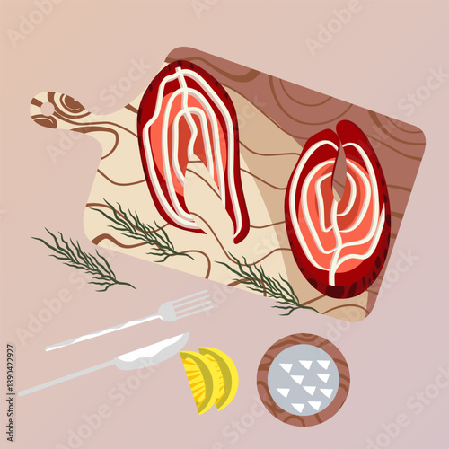 Fresh Salmon Fillets on Wooden Cutting Board with Lemon and Dill