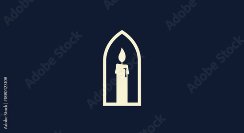 Simple white candle icon in gothic arch on dark blue background.