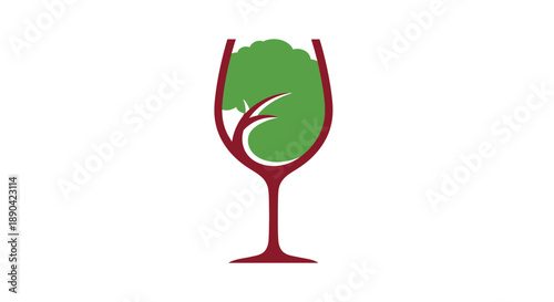 Red wine glass with green leaf illustration on white background.
