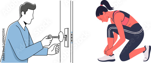 Daily routine, locking door, tying shoelaces, lifestyle illustration, personal security, fitness preparation, everyday actions, home safety, exercise readiness, morning habits, active living