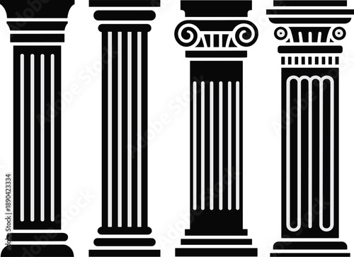Ancient Greek and Roman column silhouettes set, classical architecture pillars collection isolated on white background illustration