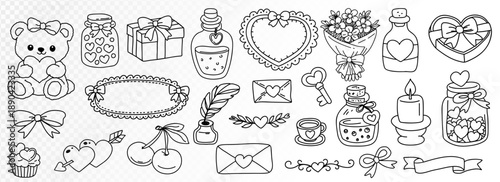 Hand Drawn Valentine Line Art Doodle Set with Hearts Gifts Flowers and Cute Elements