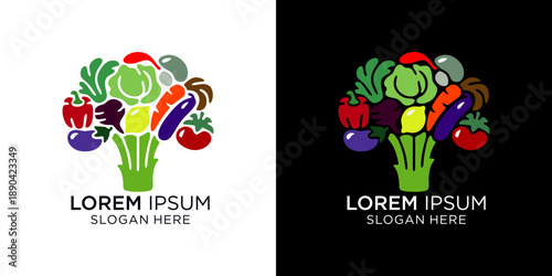 Eye-catching food logo design featuring a colorful arrangement of fresh produce with a customizable slogan, perfect for restaurants, cafes, or food brands looking for a modern and vibrant visual ident