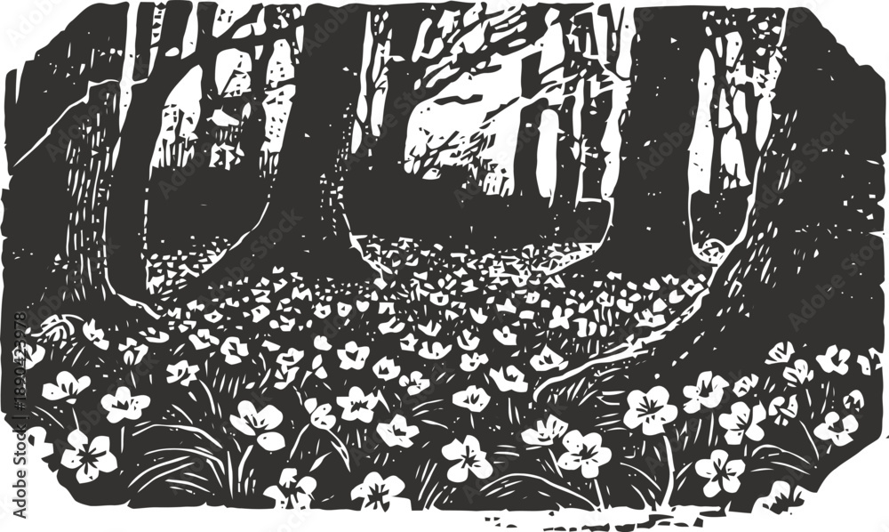 Naklejka premium Black and white woodland scene with blooming wildflowers and tall trees in forest clearing