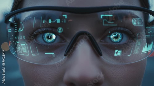 AR augmented reality technology digital glasses business futuristic innovation retail close up human eye vision virtual interface display concept