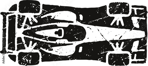 monochrome abstract illustration of a racing car top view with textured pattern and strong black and white contrast