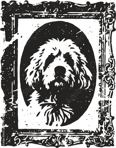 Vintage framed portrait of a shaggy dog silhouette with intricate decorative border