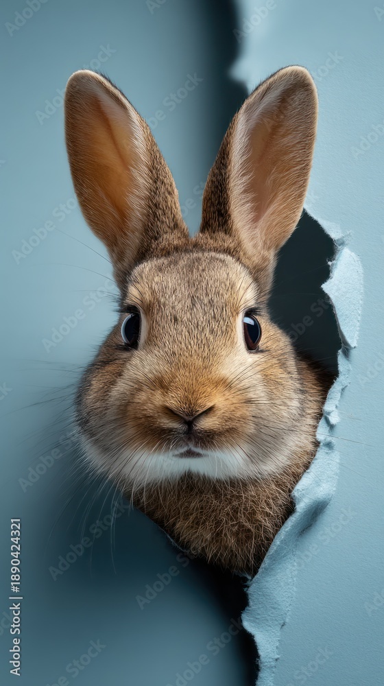 Fototapeta premium Front-Facing Easter Bunny Peeking Through Torn Blue Paper: Cute Spring Portrait for Easter Campaigns and Family Holidays