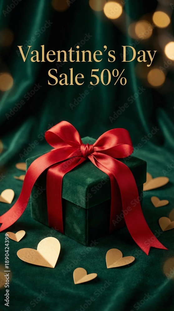 Naklejka premium Valentine’s Day Sale 50% Off Background with Luxury Green Gift Box and Golden Hearts