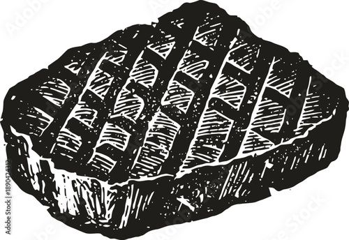 Grilled steak with sear marks barbecue beef meat slice with texture and charring, closeup detailed illustration
