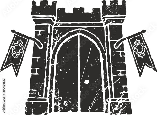 Medieval castle gate with stone towers and banners, vintage engraved fortress entrance design