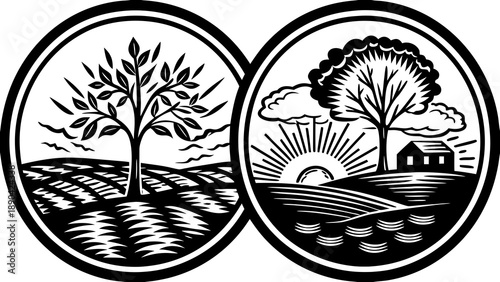 Two adjacent circular black and white icons illustrate agricultural scenes with growing trees, cultivated fields, and bright sun.