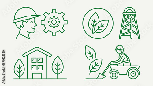 A collection of green line art icons represents sustainable industry practices including a worker, machinery, housing,.
