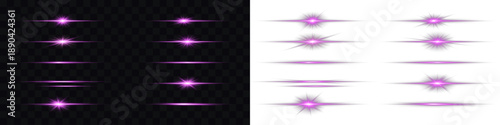 Abstract lights lines on png. Horizontal violet neon streak effect isolated on transparent background. Vector illustration Magic flash laser strip divider with glitter shimmer design illustration.