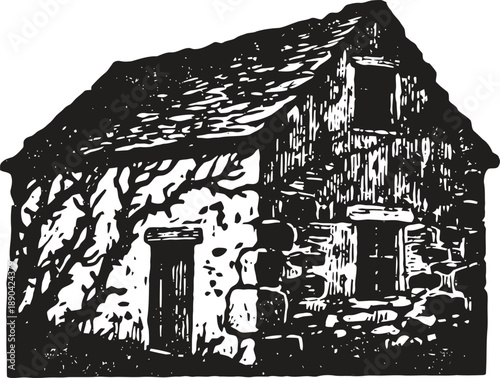 old rustic stone house illustration vintage rural countryside cottage with textured walls and shingled roof