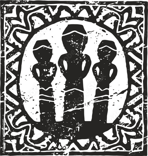 tribal wooden carving silhouette of three standing figures with geometric patterned border