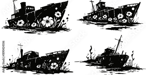 Four abandoned sunken ships decorated with floral patterns underwater scene silhouette design