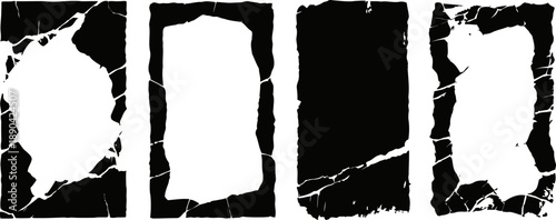 set of grunge distressed frames with torn paper edges and cracked texture in black and white