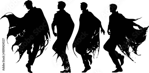 silhouettes of four male figures with flowing torn capes in dynamic poses