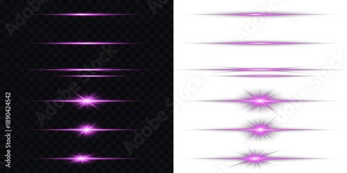 Abstract lights lines on png. Purple neon sticks, laser beams with glowing light effect. Vector laser beams. Glowing streaks. Horizontal violet neon streak effect isolated on transparent background.
