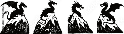 black dragon silhouettes perched on mountain peaks with snow caps, fantasy mythical creatures