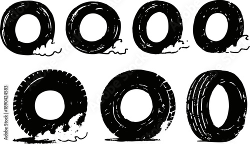 Grunge tire icons set with worn and damaged textures, circular rubber wheels in various distressed styles