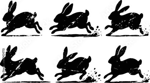 running rabbit silhouettes in various dynamic jumping and sprinting poses with textured grunge effect