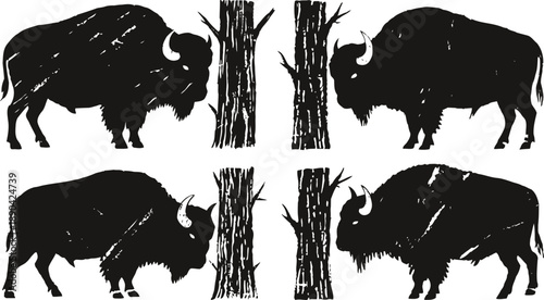 black silhouette bison and tree trunks set wild buffalo animals separated with nature elements