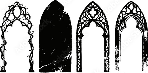 Gothic window and arch silhouettes set vintage medieval pointed arches with ornate grapevine and floral patterns