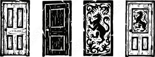 Four vintage carved wooden door panels with lion motifs and geometric designs