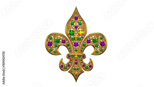 Golden Fleur de Lis Jewel Transparent PNG, Ornate Royal Lily Symbol with Emerald Ruby Gems, Isolated High Resolution Clipart for Luxury Heraldic Design