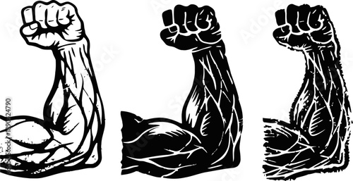 Strong muscular arms flexing with clenched fists in black ink sketch illustration