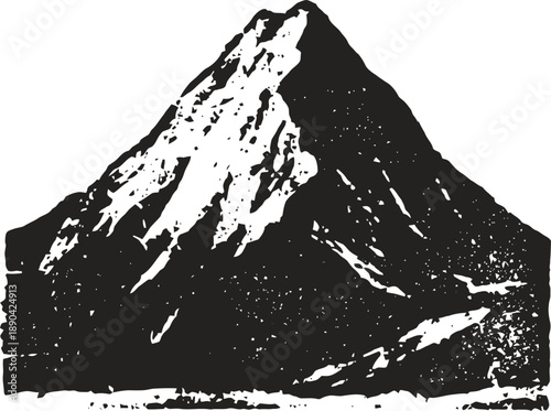 Mountain peak with snowcaps, rugged rocky terrain silhouette, high altitude landscape design
