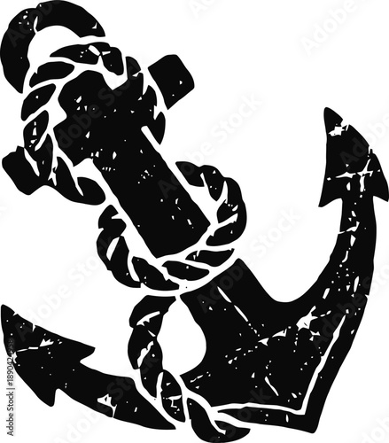 Distressed black anchor with rope wrapped around nautical marine emblem symbol